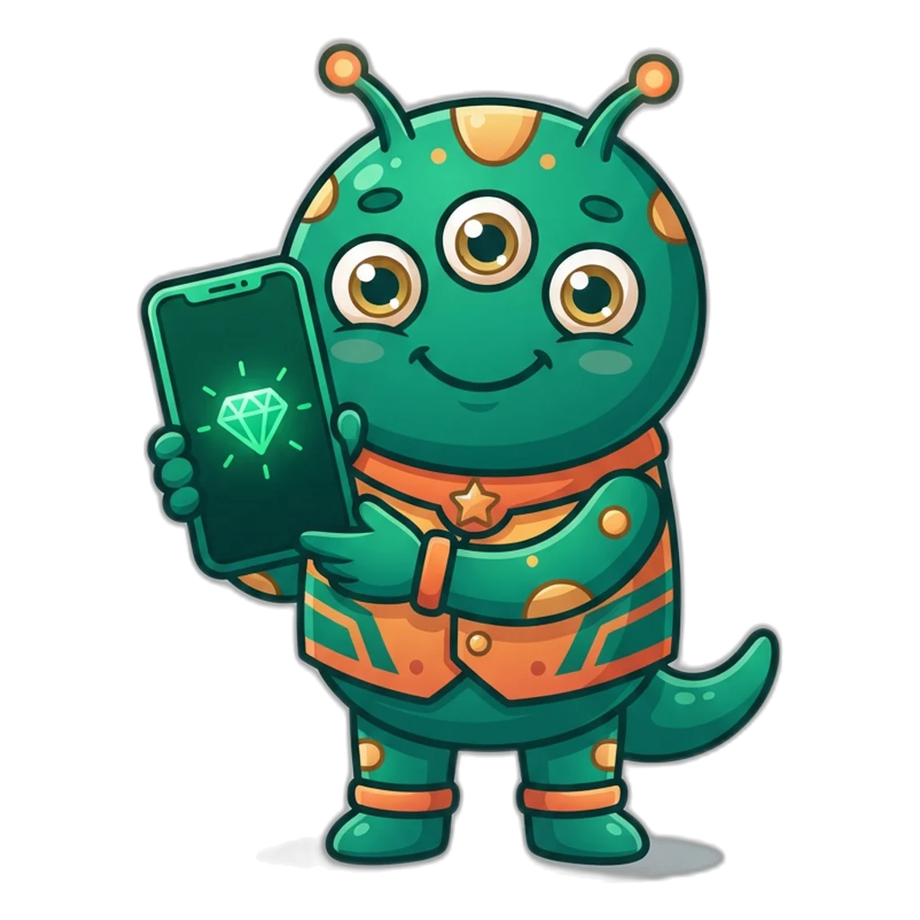 A friendly alien critter shows a phone home screen with the 6E Club app icon pinned