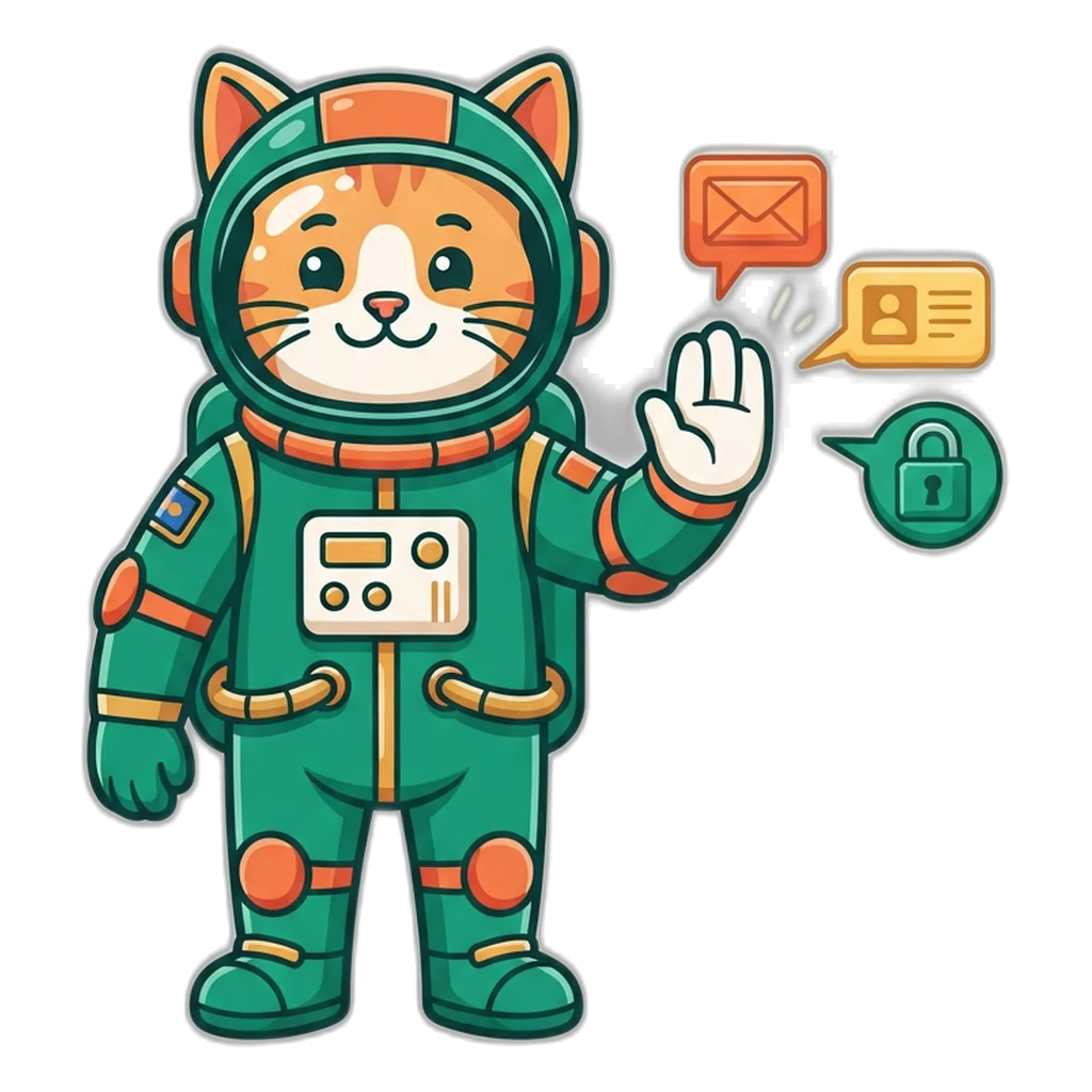 An astronaut cat raises a paw to stop floating permission requests from a fake app