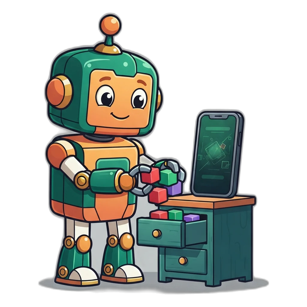 A small robot helper tucks a few tiny data blocks into a drawer beside a phone