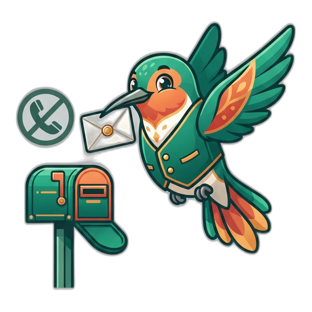 Messenger hummingbird carrying a sealed envelope to a mailbox instead of a phone call