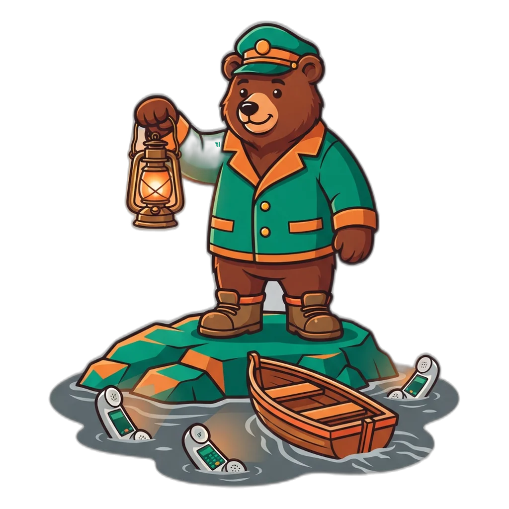 Lighthouse-keeper bear shining a lantern to steer a boat away from fake 6E Club customer care calls