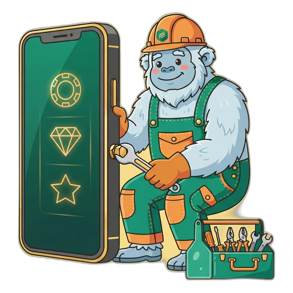Yeti mechanic with a spanner fixing a giant phone, showing most room problems are easy to fix