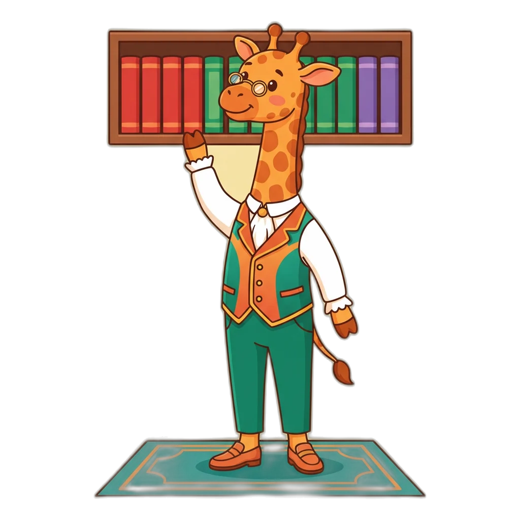 Giraffe librarian sorting ten equal books in red, green and violet, one for each digit