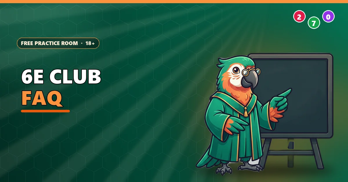 Parrot professor pointing at a chalkboard for the 6E Club FAQ