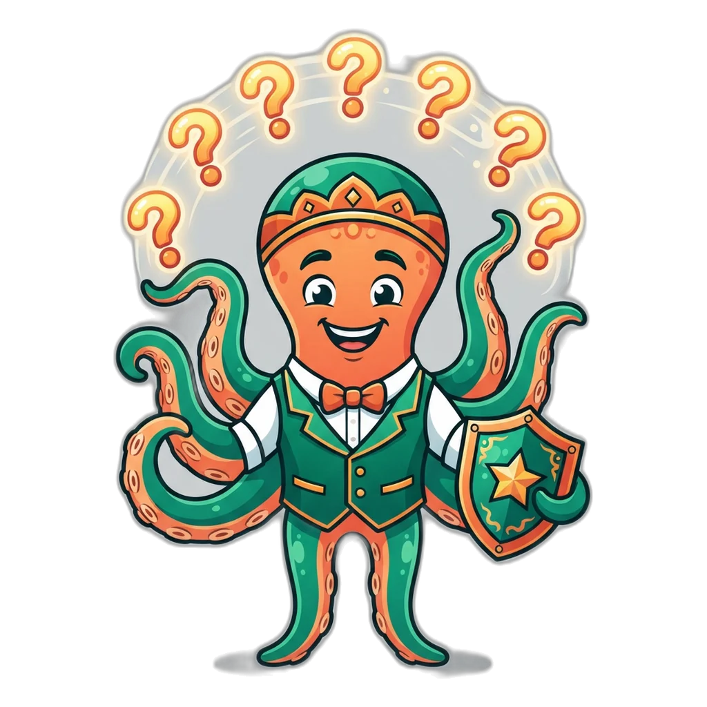 Octopus juggling eight question marks while holding a small shield