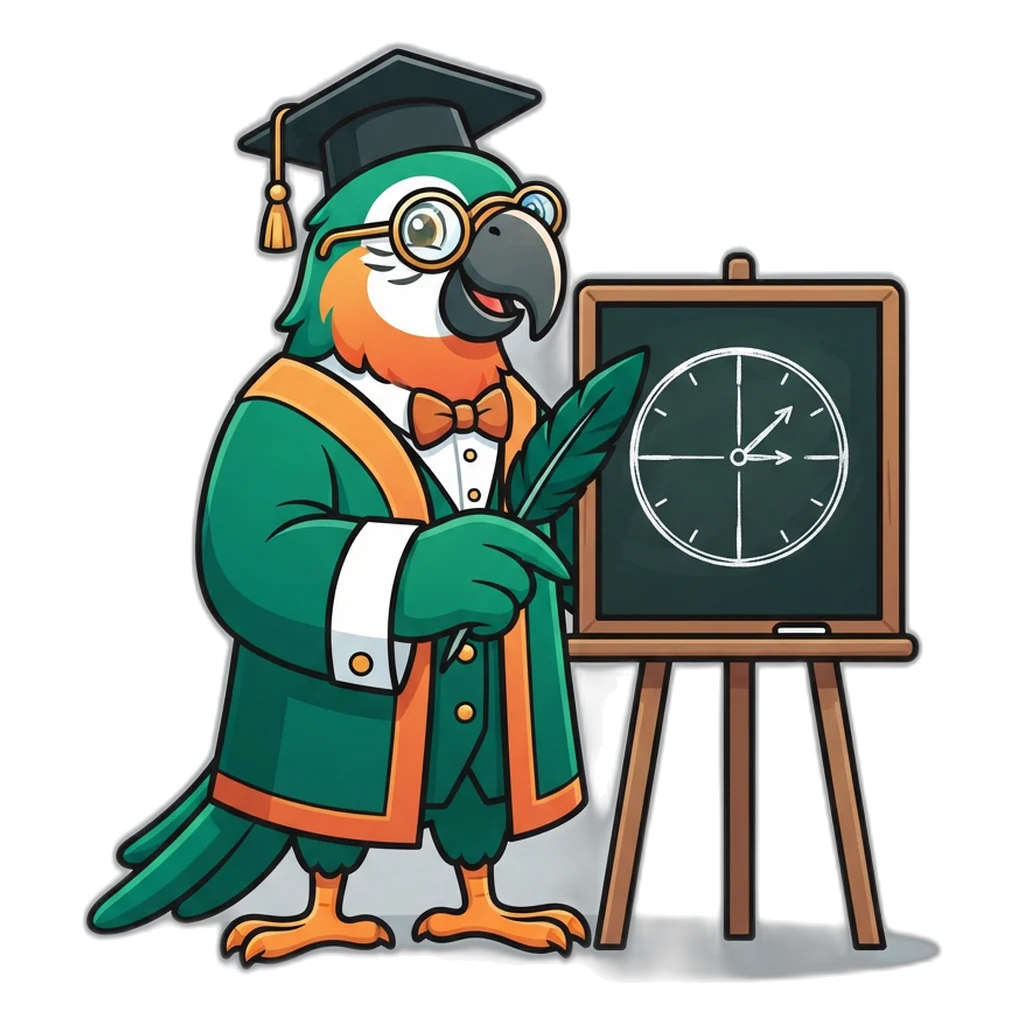 Parrot professor pointing at a chalkboard clock, opening the 6E Club FAQ