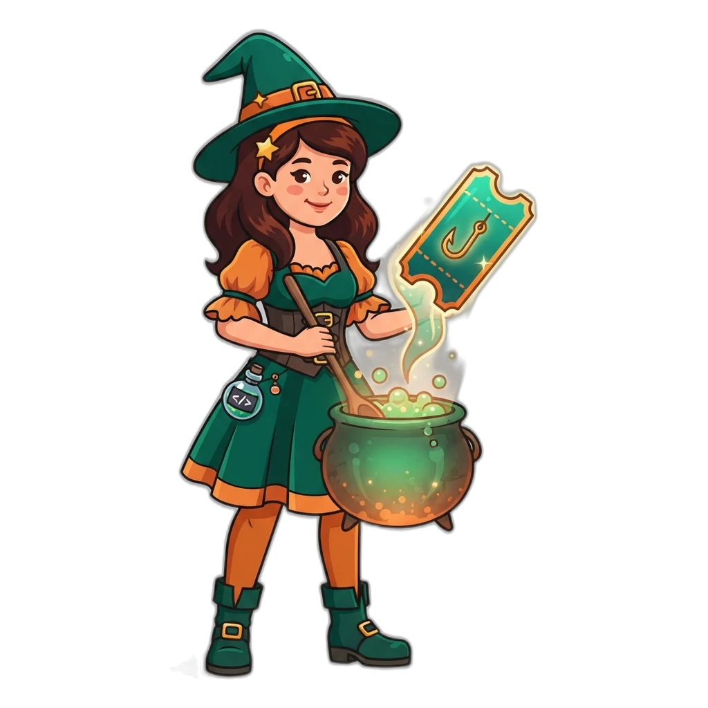 Forest witch stirring a fake gift code potion that hides a fishing hook inside