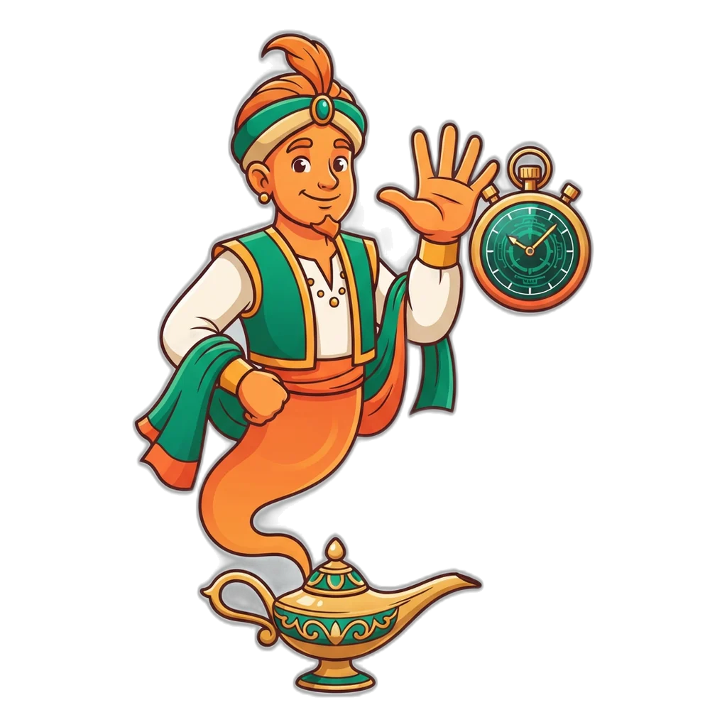 Lamp genie holding up five fingers by a stopwatch, a reminder to check any 6E Club gift code