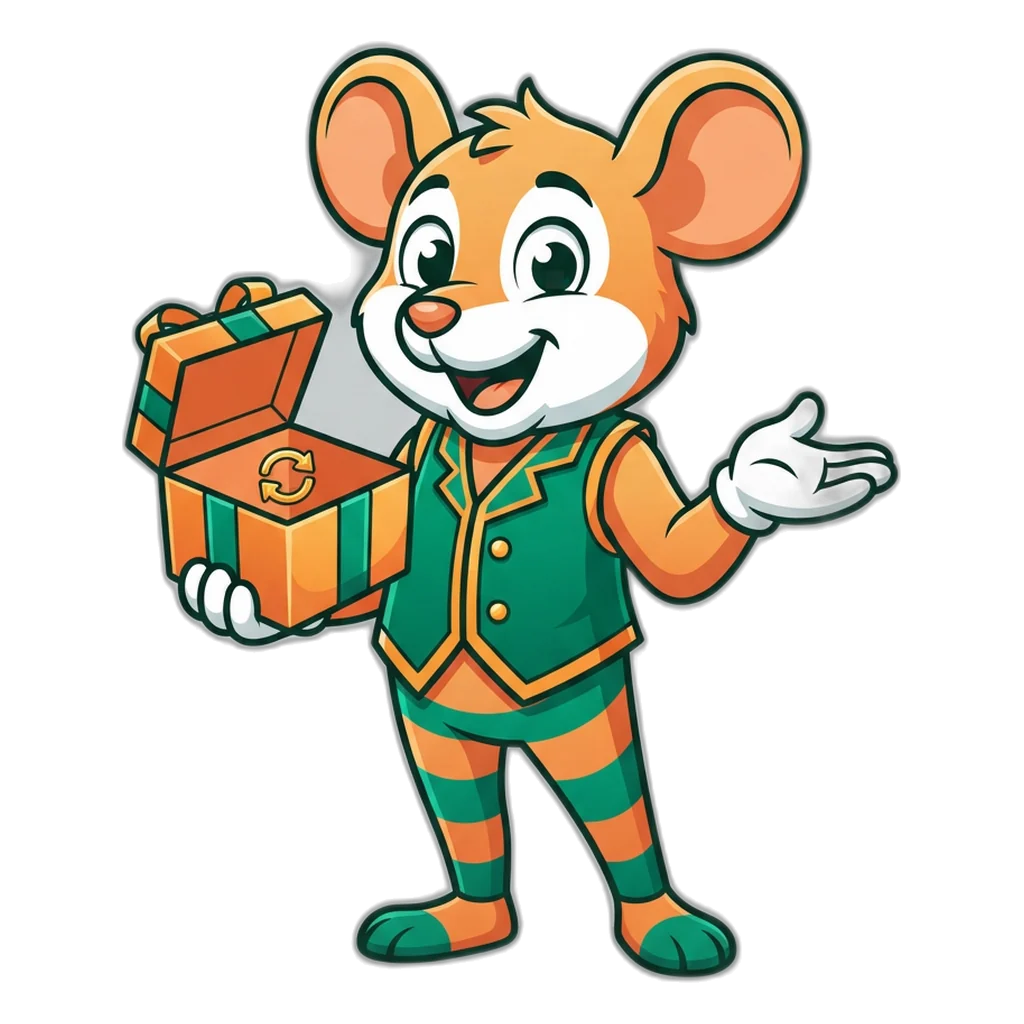 Cartoon mouse holding an open, empty gift box beside a circular coin refill arrow