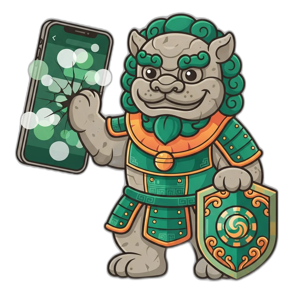 Stone guardian dog blocking a fake sign-in screen that asks for an OTP