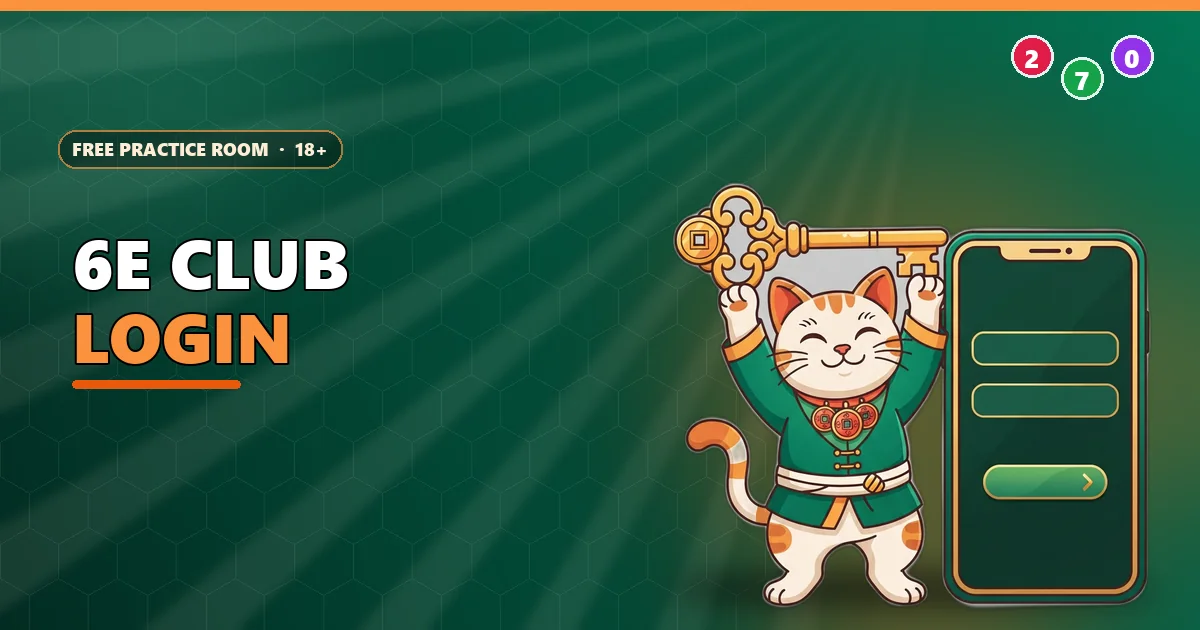 Lucky cat holding a golden key beside a phone for the 6E Club login page