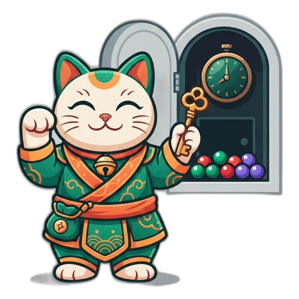 A beckoning lucky cat turns a golden key to open the free practice room after signing in