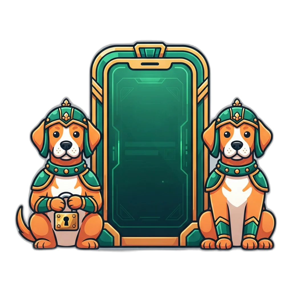 Twin guard hounds watch a phone-shaped door, showing the 6E Club login check stays on your device