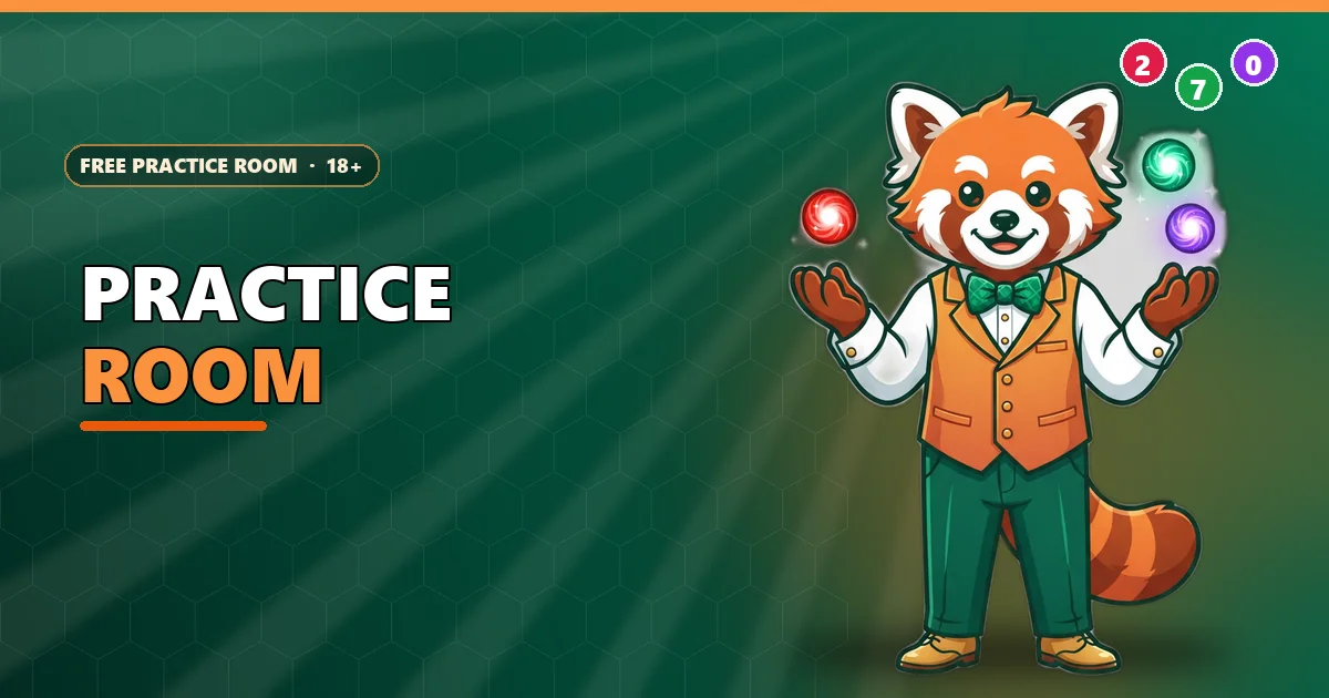 Red panda game host presenting red, green and violet balls for the 6E Club practice room