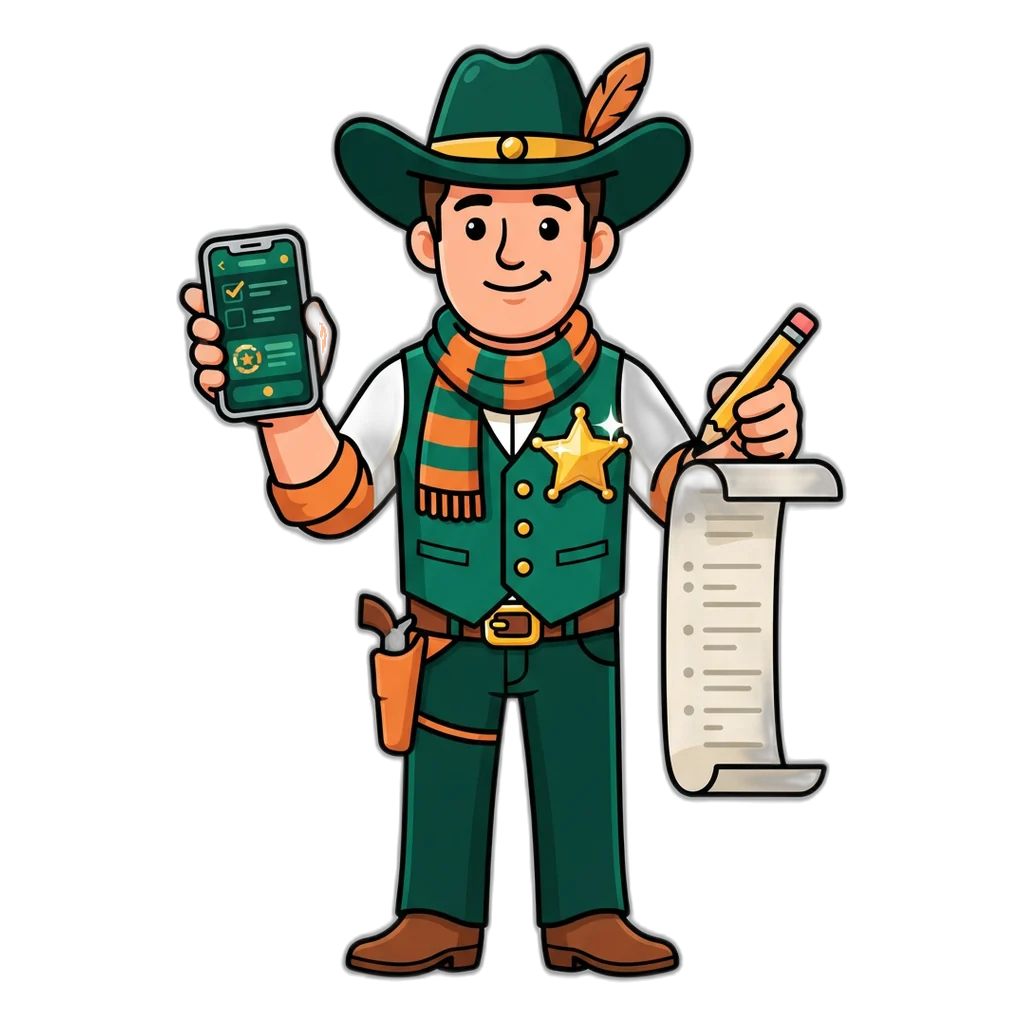 Sheriff cowboy with a badge checking whether 6E Club is real or fake on a phone