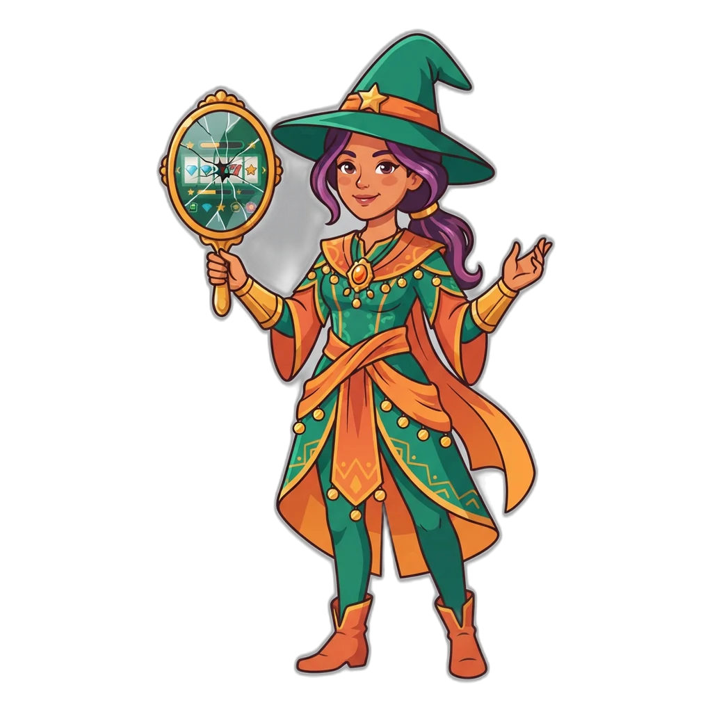Sorceress raising a truth mirror that answers 6E Club real or fake by cracking a fake payout screen