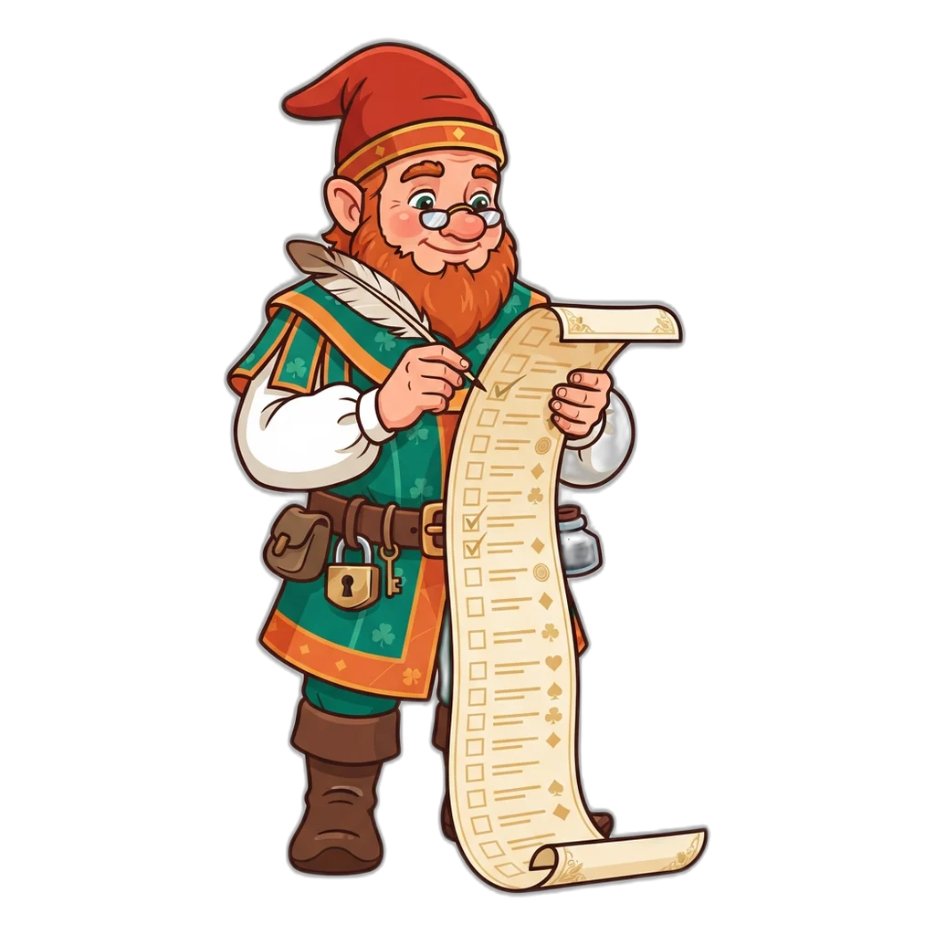 A garden gnome scribe ticks off a short checklist: username, password and the 18+ box