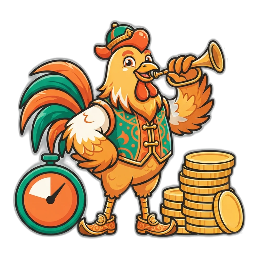 A golden rooster herald celebrates a finished 6E Club register step and 10,000 practice coins