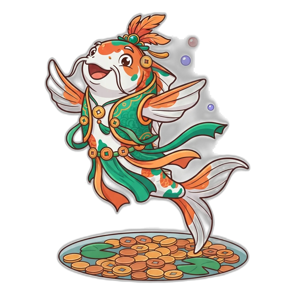 A lucky koi spirit leaps from a pond of practice coins that have no cash value