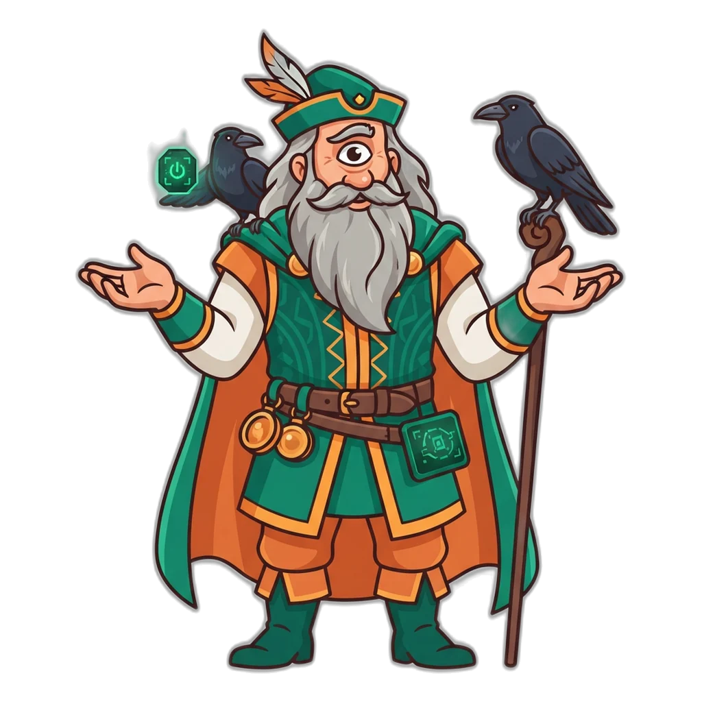 Bearded sky father with two ravens, one carrying a glowing digit ball nobody can predict