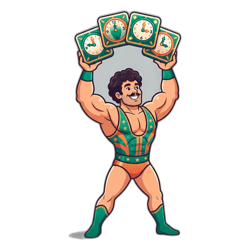 Strongman mascot lifting four timer tiles, one for each 6E Club Wingo room length