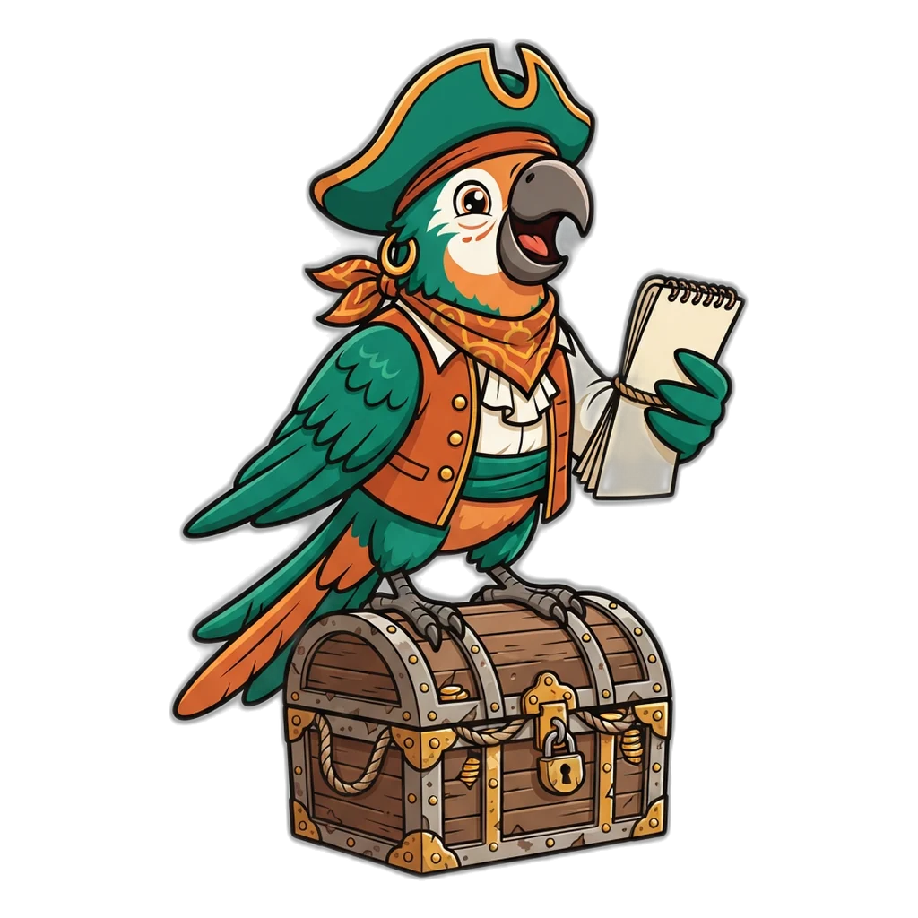 Pirate parrot with a notepad on a closed chest, reminding readers to save proof and report fast