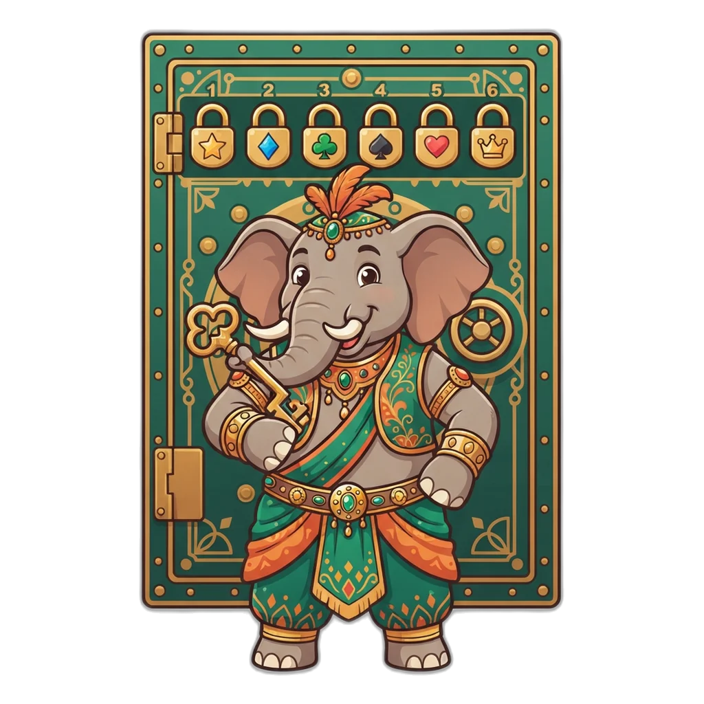 Vault-keeper elephant guarding a fake 6E Club withdrawal vault covered in padlocks that never open