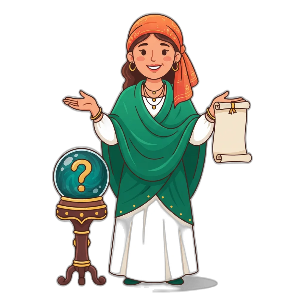 Fortune teller with a crystal ball that shows only a question mark beside a long results scroll