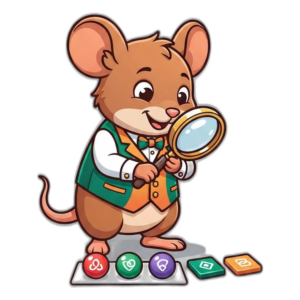 Tiny mouse with a magnifier studying a colour prediction chart of Big and Small tiles