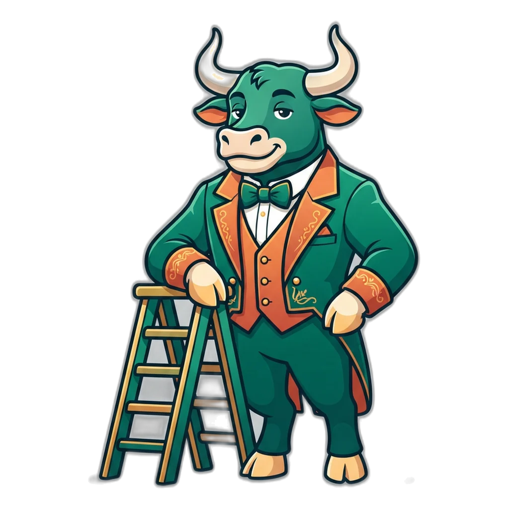 Calm ox beside a seven-rung step ladder, one rung for each step of the first round