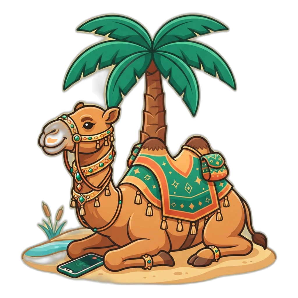 Camel resting at a quiet oasis with its phone face-down, a picture of responsible gaming breaks
