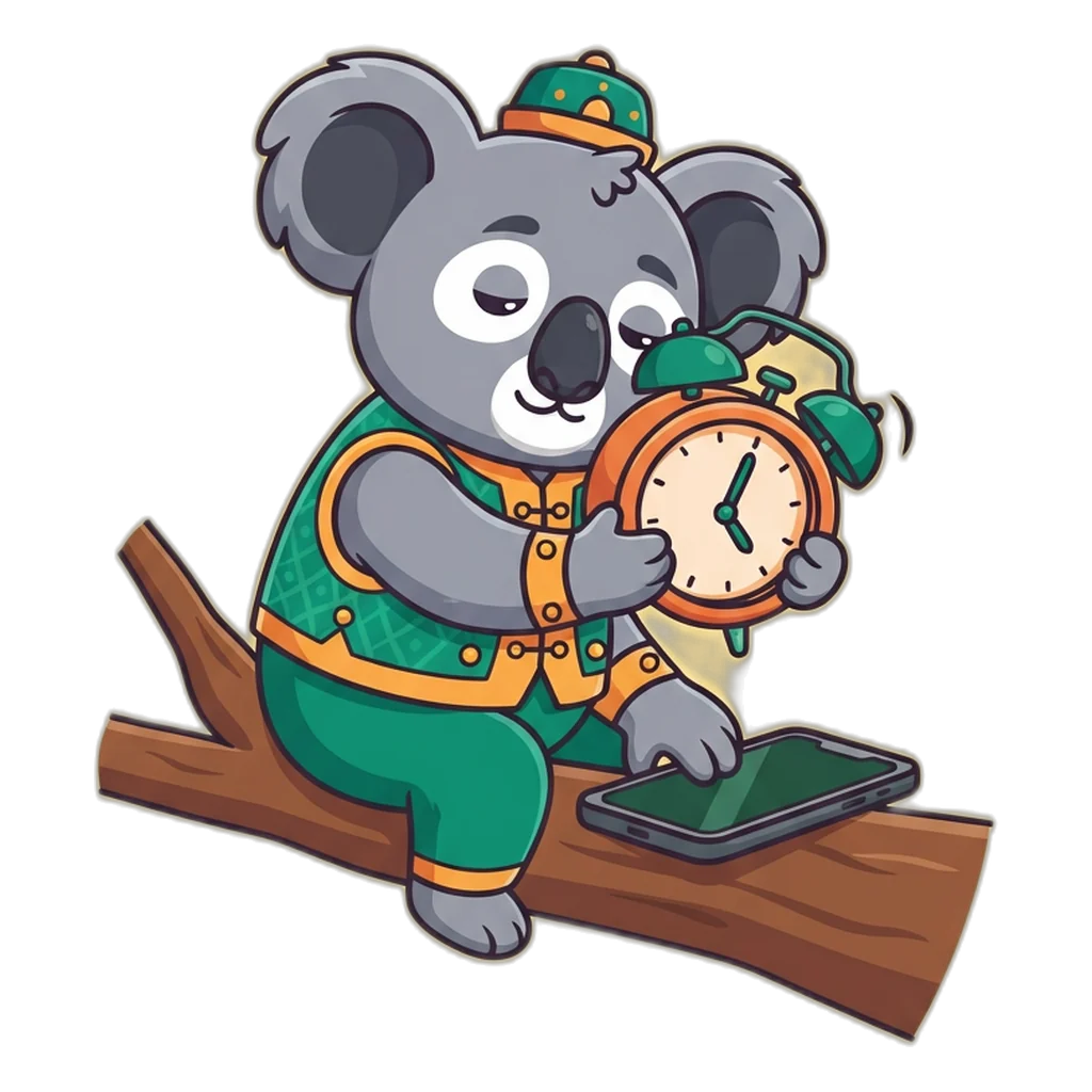 Koala hugging a ringing alarm clock as a cue to end the session and put the phone down