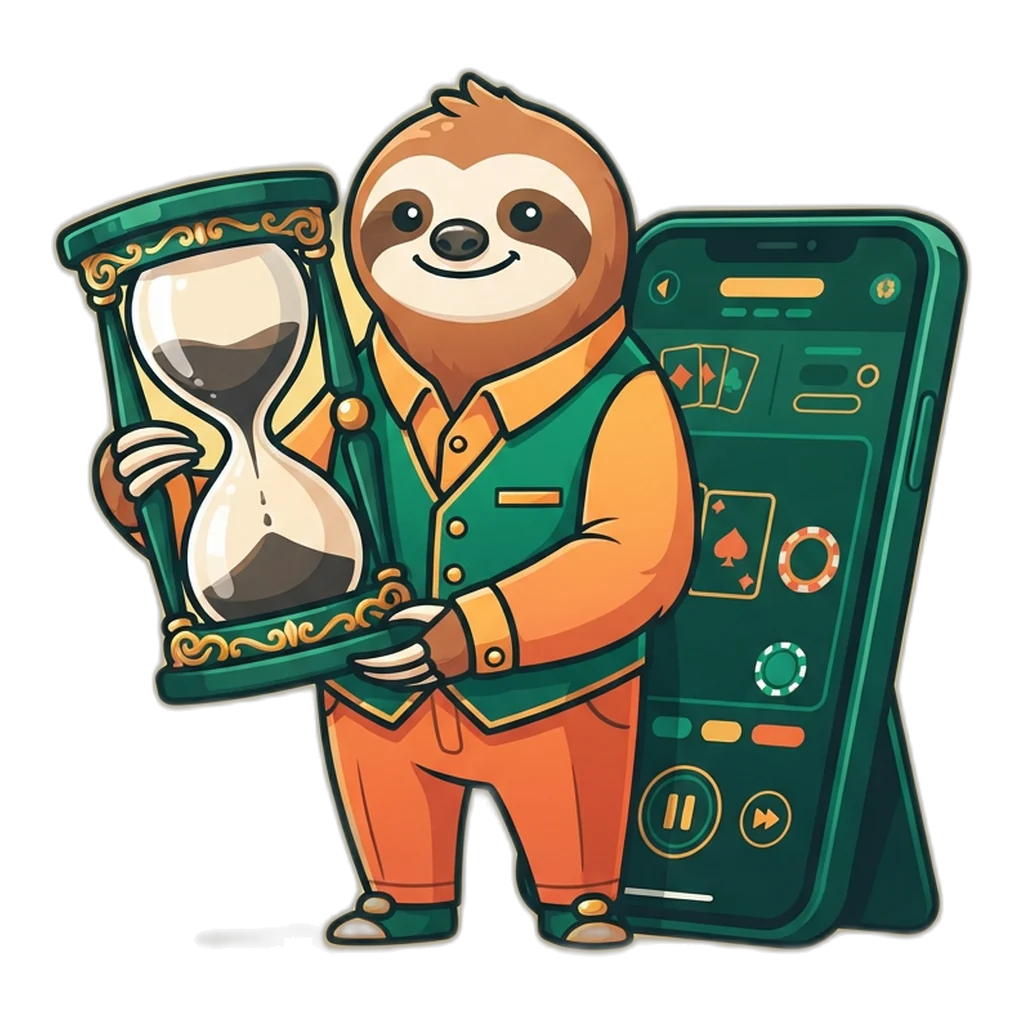 Calm sloth holding an hourglass next to a paused phone, a gentle reminder about responsible gaming