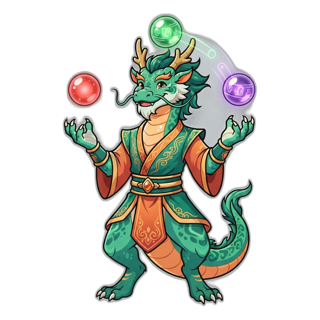 Jade dragon juggling red, green and violet orbs, the three colours of Wingo colour prediction