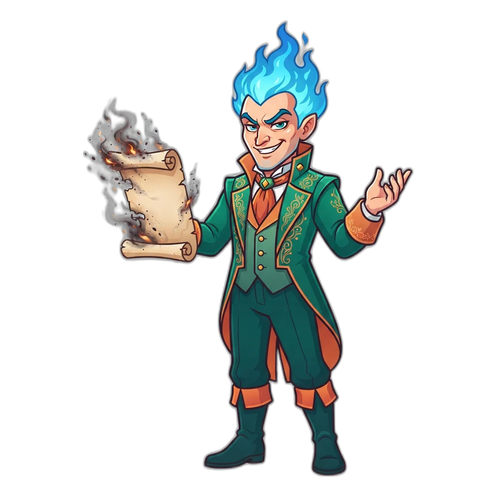 Underworld lord with blue flame hair offering a smoky scroll that fades away, like fake tips
