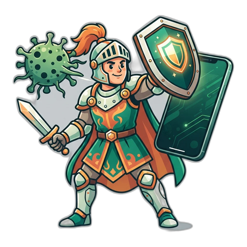 Knight with a shield blocking a virus from reaching a phone after a fake hack app was removed