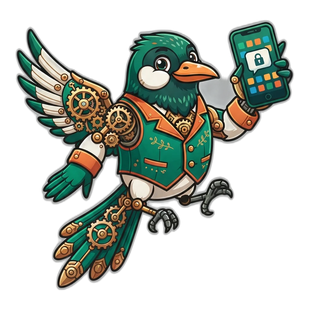 Clockwork magpie snatching a phone, a picture of how fake prediction apps steal messages and logins