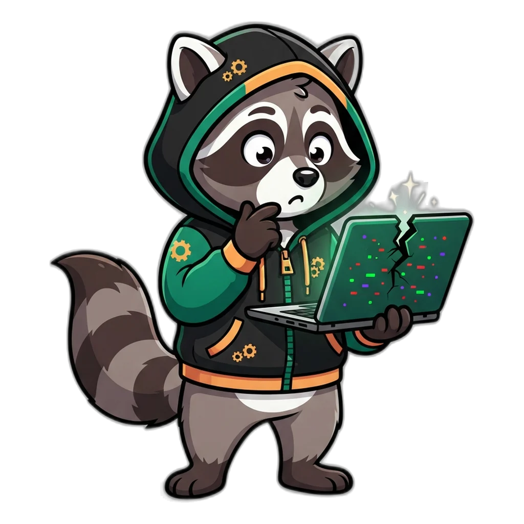 Hooded raccoon staring at a broken laptop, showing that a Wingo hack tool cannot see the next result